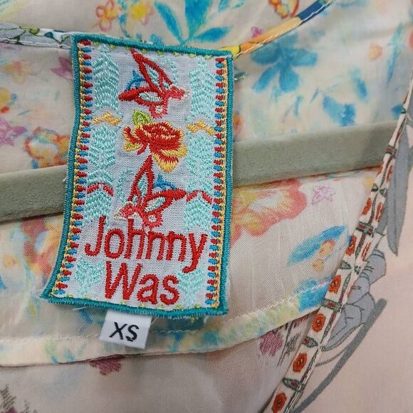 Johnny was womens large asymmetric hem floral blouse green top boho - Picture 6 of 9